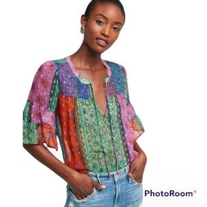 Boho Patchwork Floral Peasant Blouse - Pink, Green, Orange